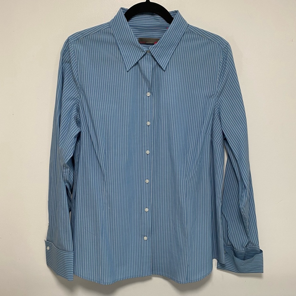 Blue and white stripe button down collared shirt